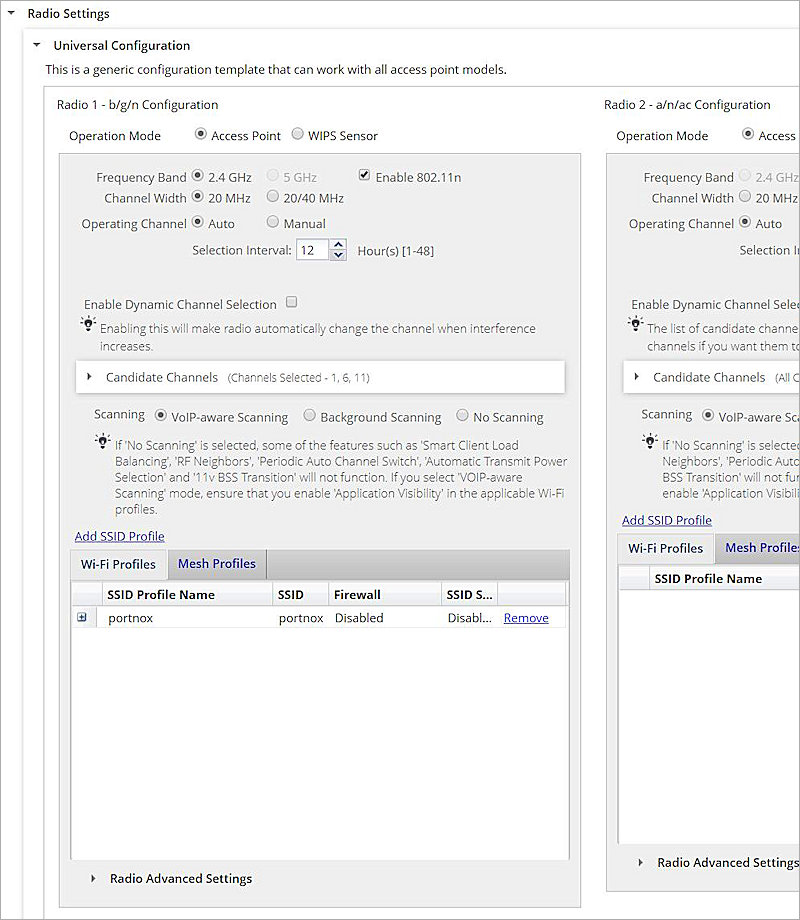 Add Device Template - Radio Settings page in Wi-Fi Cloud Manage